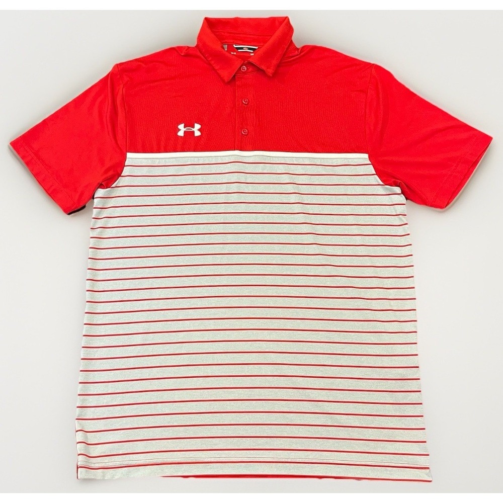 Under Armour Golf Polo Shirt Men Size M HeatGear Performance Red Gray Striped